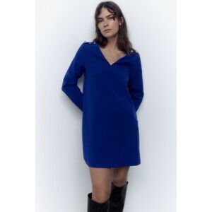 Royal Blue Zara V-Neck Button Shoulders Long Sleeve Pullover Mini Dress (NWT)